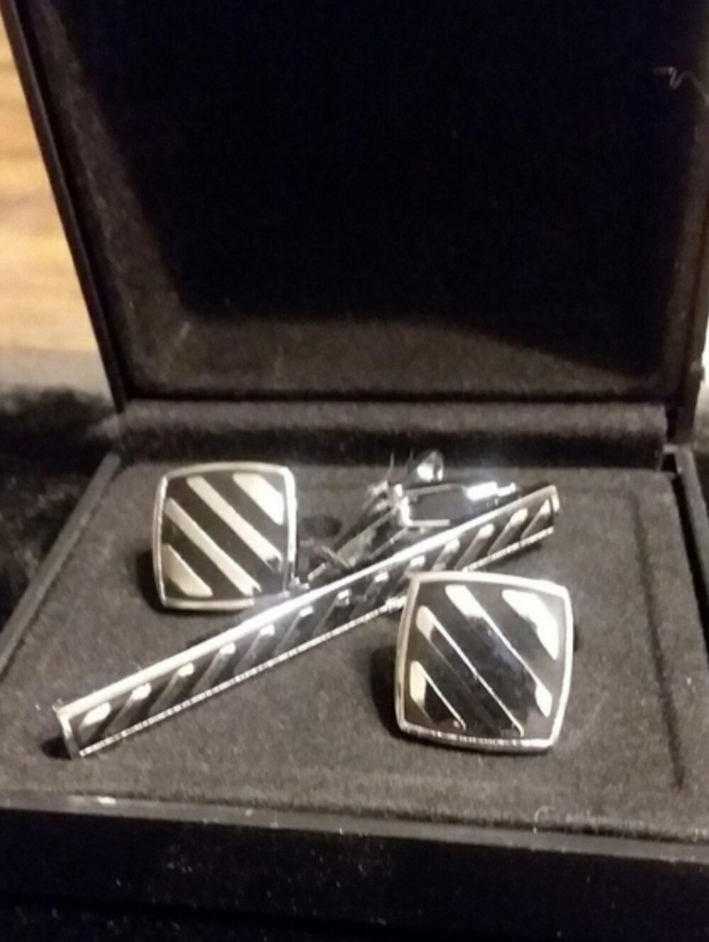 Men's Black and Silver Diagonal Stripe Cufflinks and Tie Bar Set